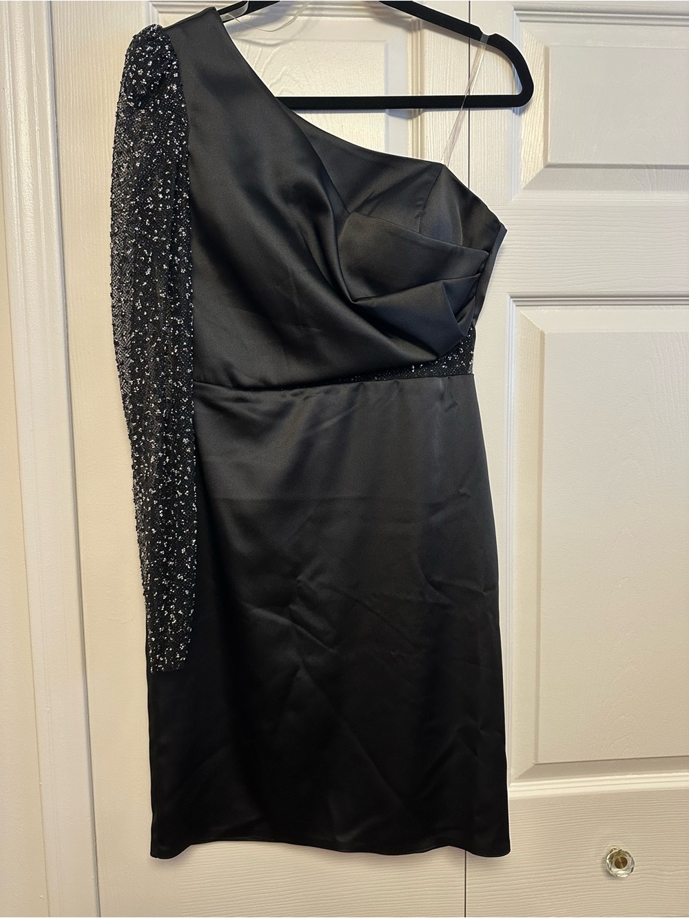 One-Shoulder Black Sequin Sleeve Cocktail Dress